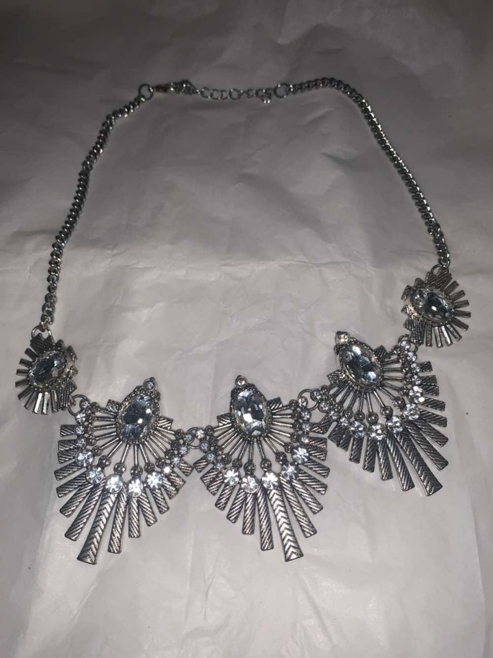 Silver Crystal Fan Bib Necklace - Statement Evening Jewelry